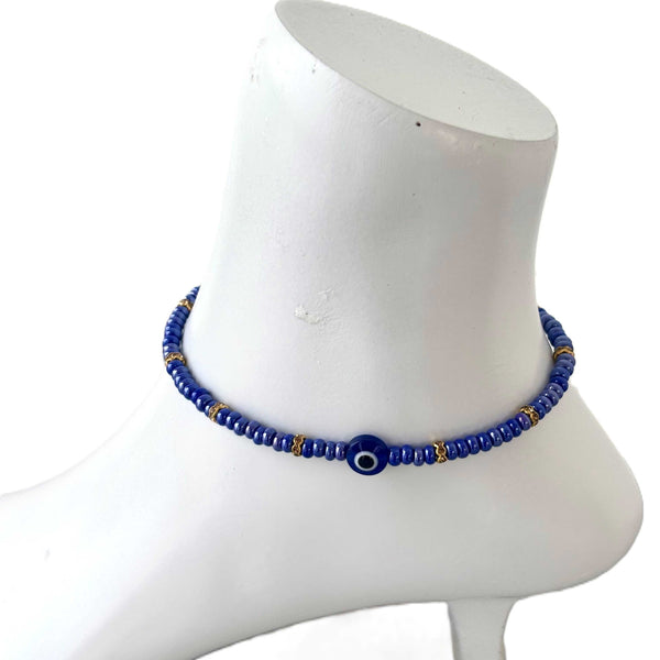 Cobalt Blue Evil Eye Handmade Beaded Anklet