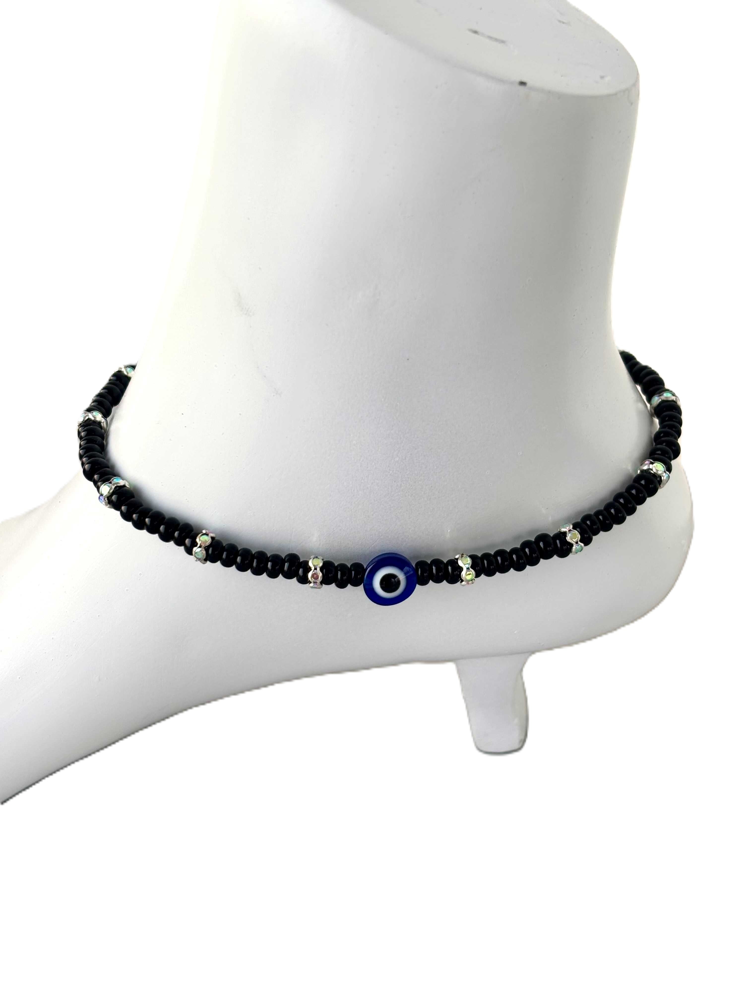 Black Evil Eye and Rhinestone Anklets Size 10