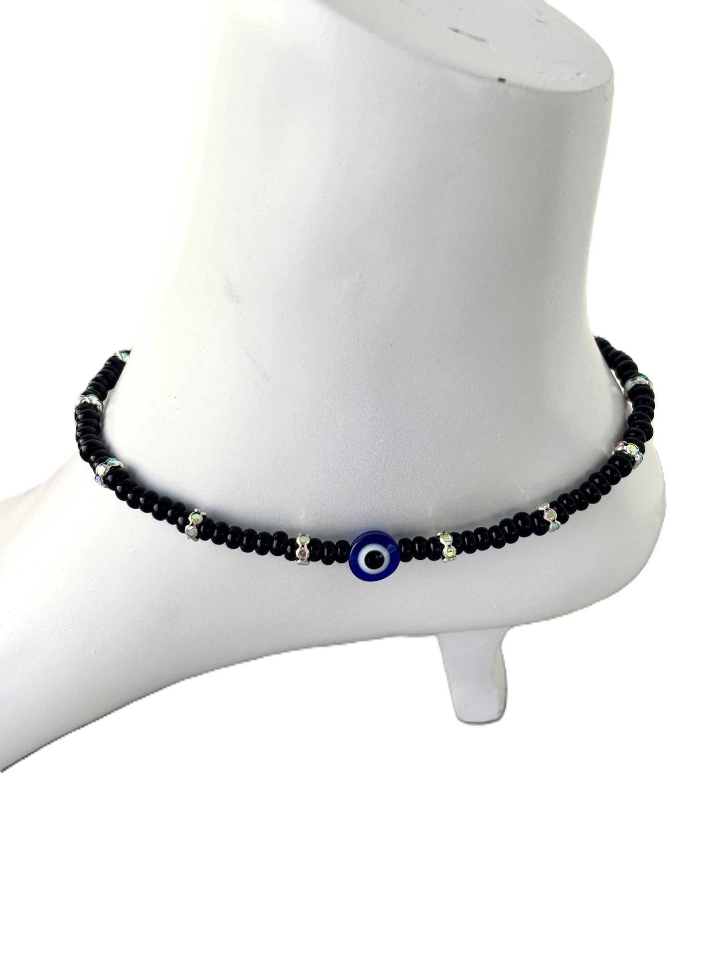 Black Evil Eye and Rhinestone Anklets Size 10