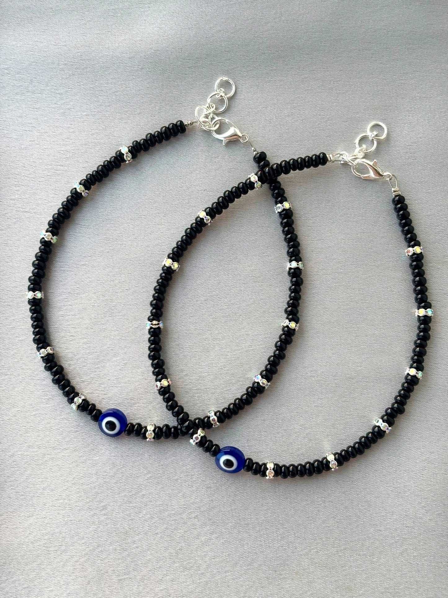 Black Evil Eye and Rhinestone Anklets Size 10
