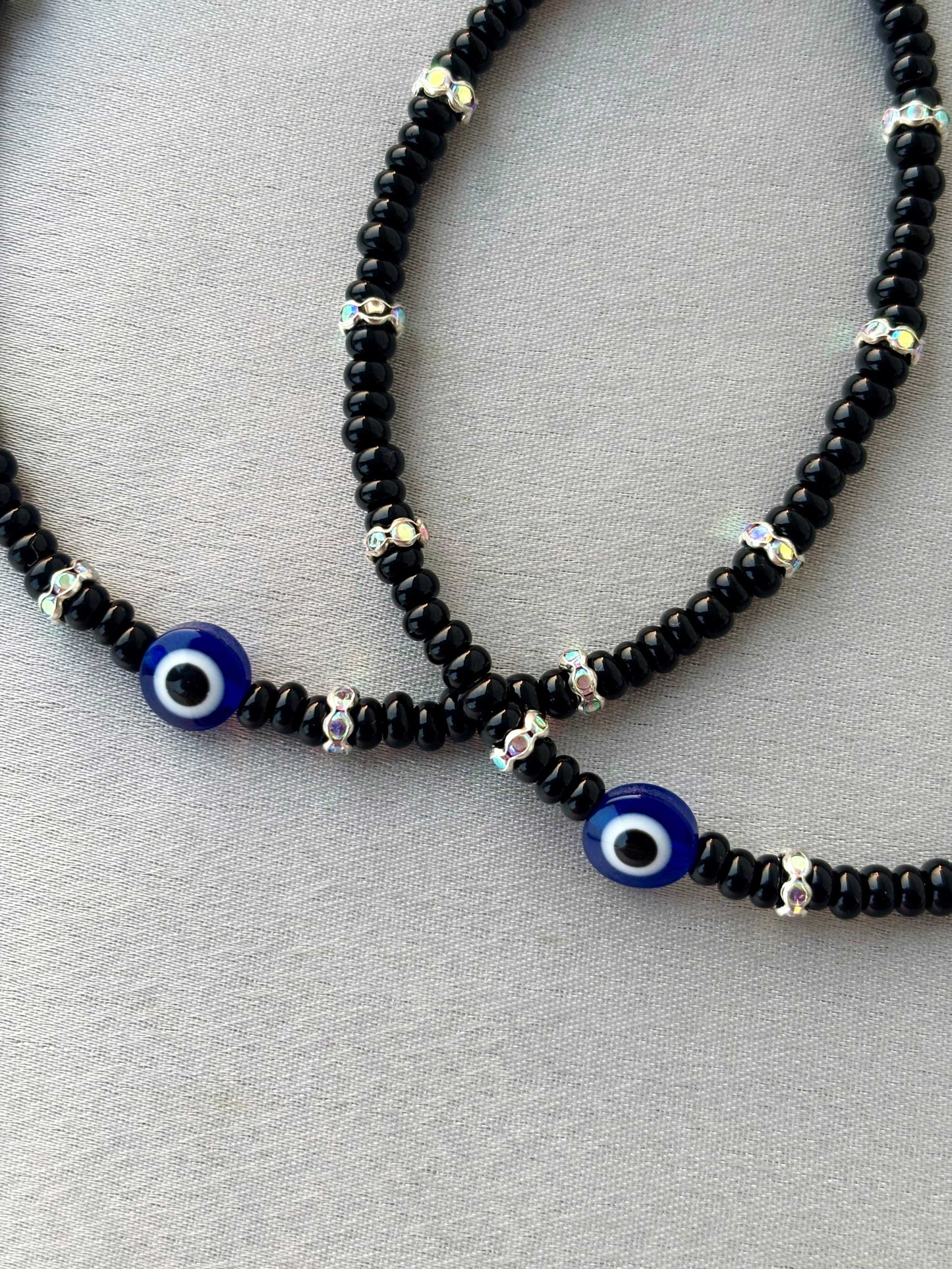 Black Evil Eye and Rhinestone Anklets Size 10