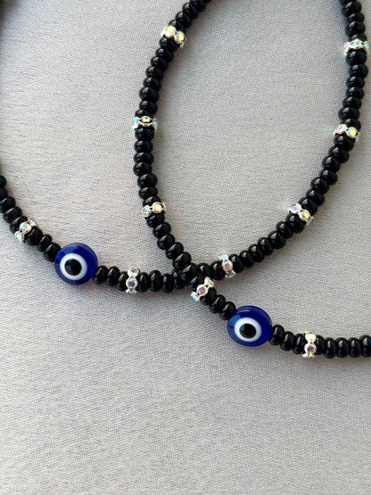 Black Evil Eye and Rhinestone Anklets Size 10