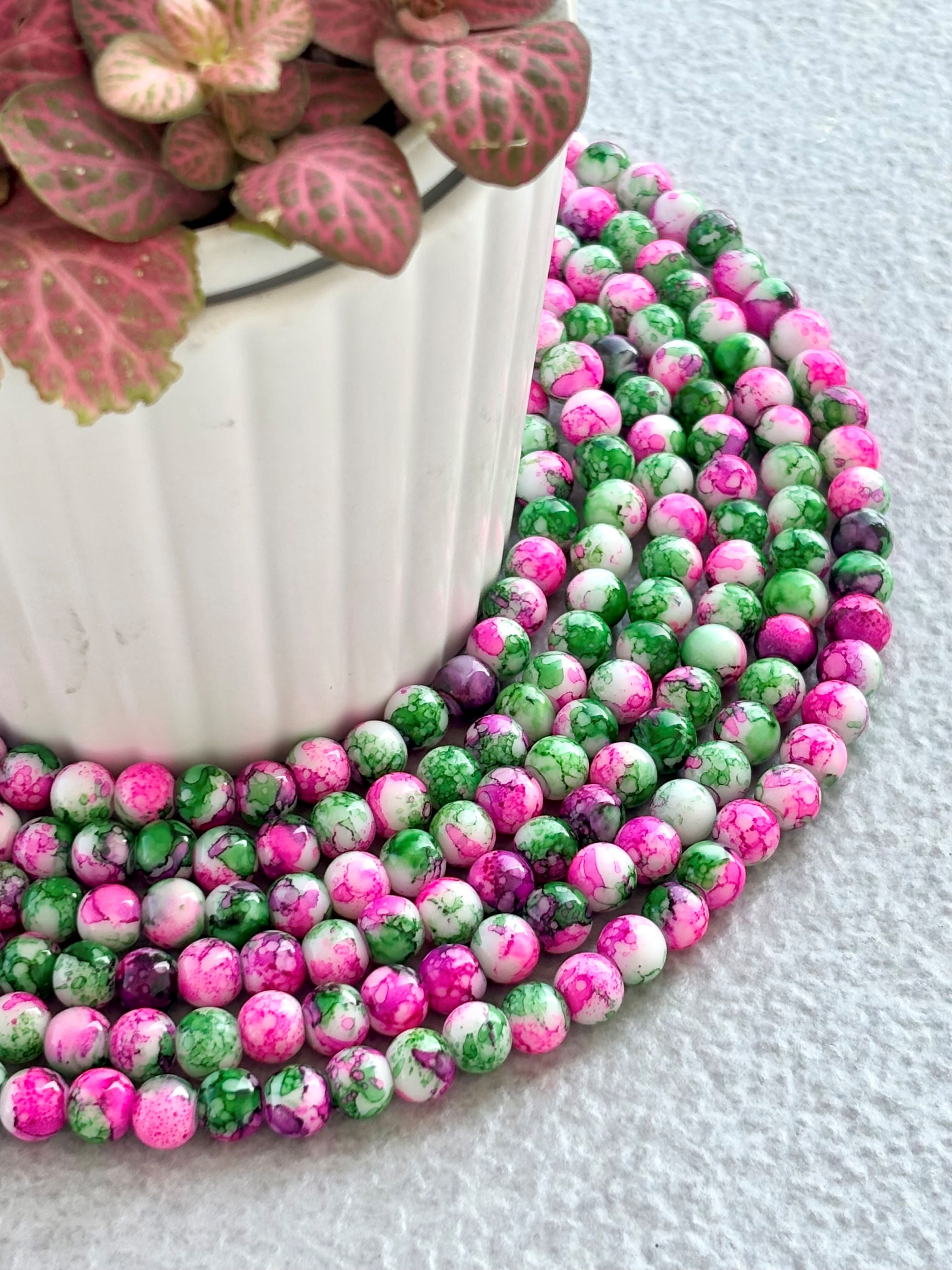 Pink and Green Marbled Beads for Jewelry Making