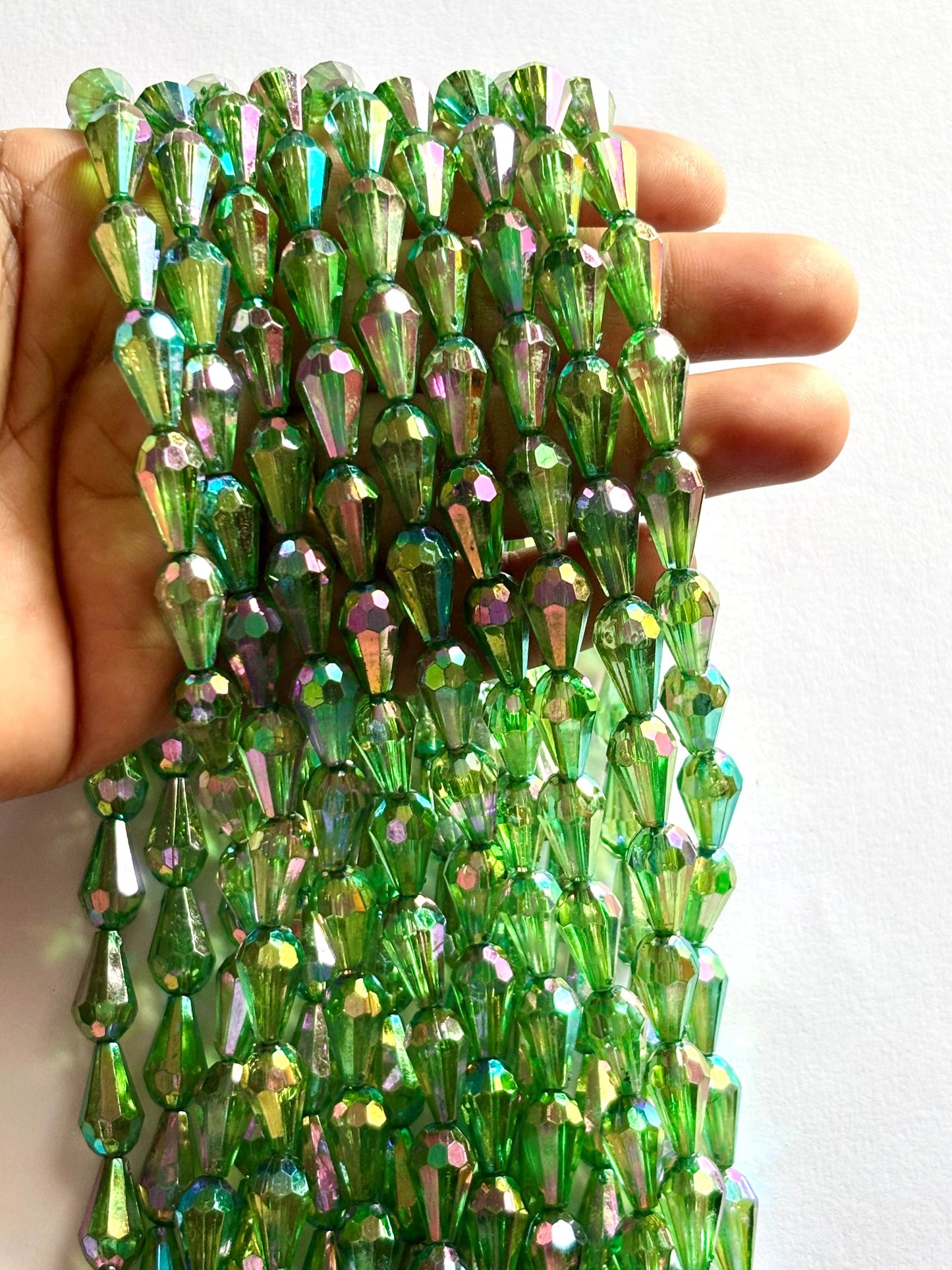 Iridescent Green Faceted Drop Beads for Jewelry Making