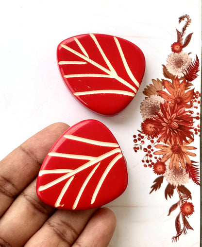 Red Leaf Beads with Hand Carved White Veins for Jewelry Making