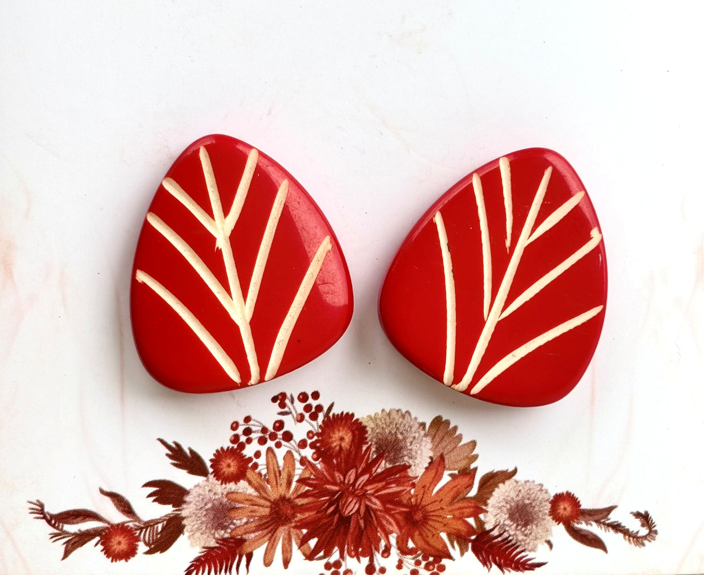 Red Leaf Beads with Hand Carved White Veins for Jewelry Making