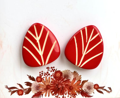 Red Leaf Beads with Hand Carved White Veins for Jewelry Making