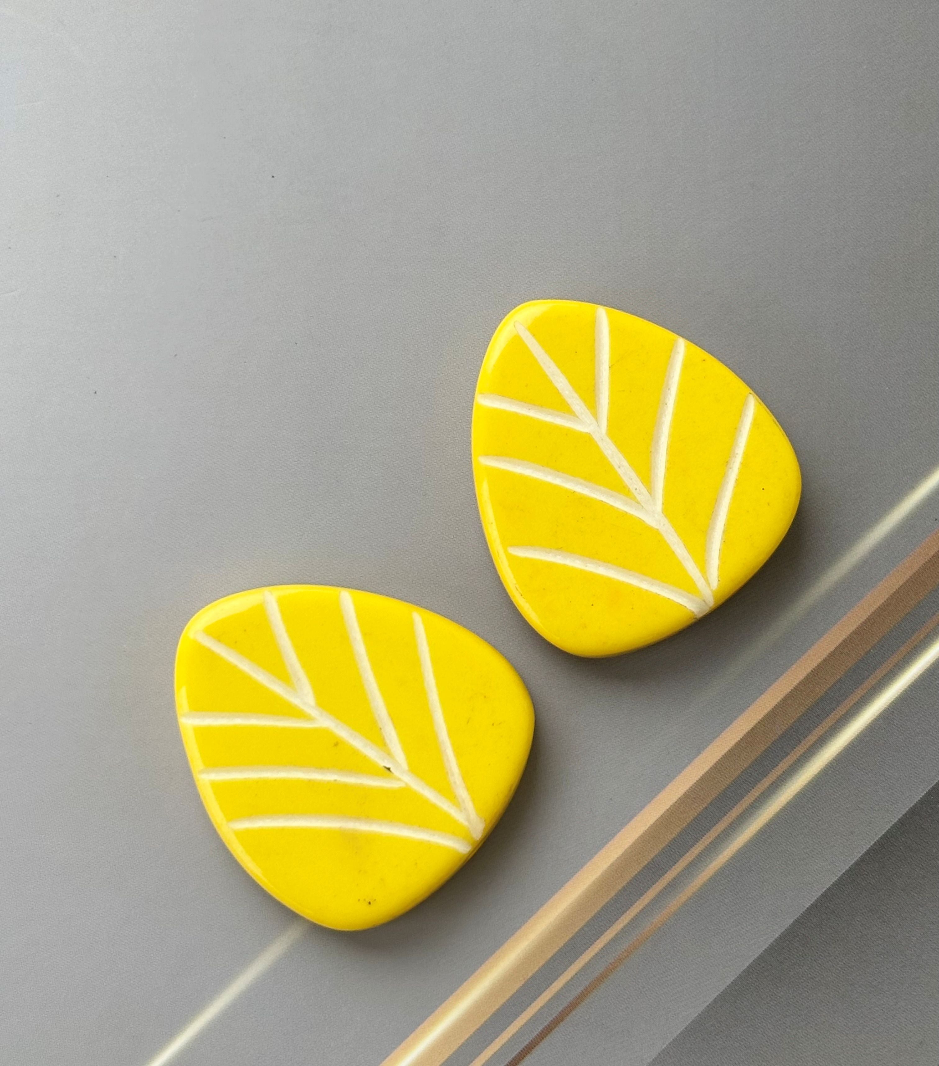 Yellow Leaf Beads with Hand Carved White Veins for Jewelry Making