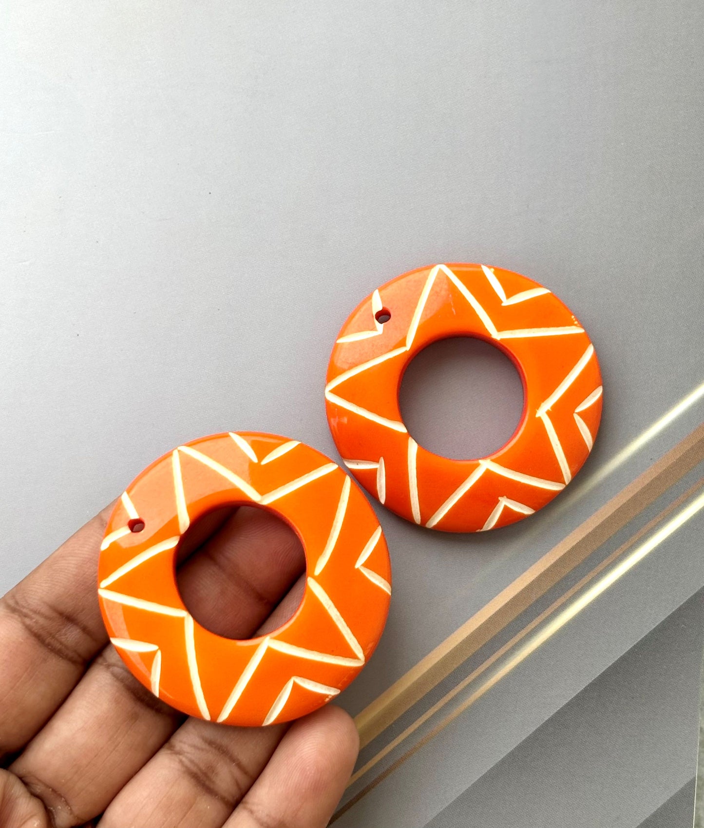 Orange Round Beads with Hand Carved Pattern for Jewelry Making