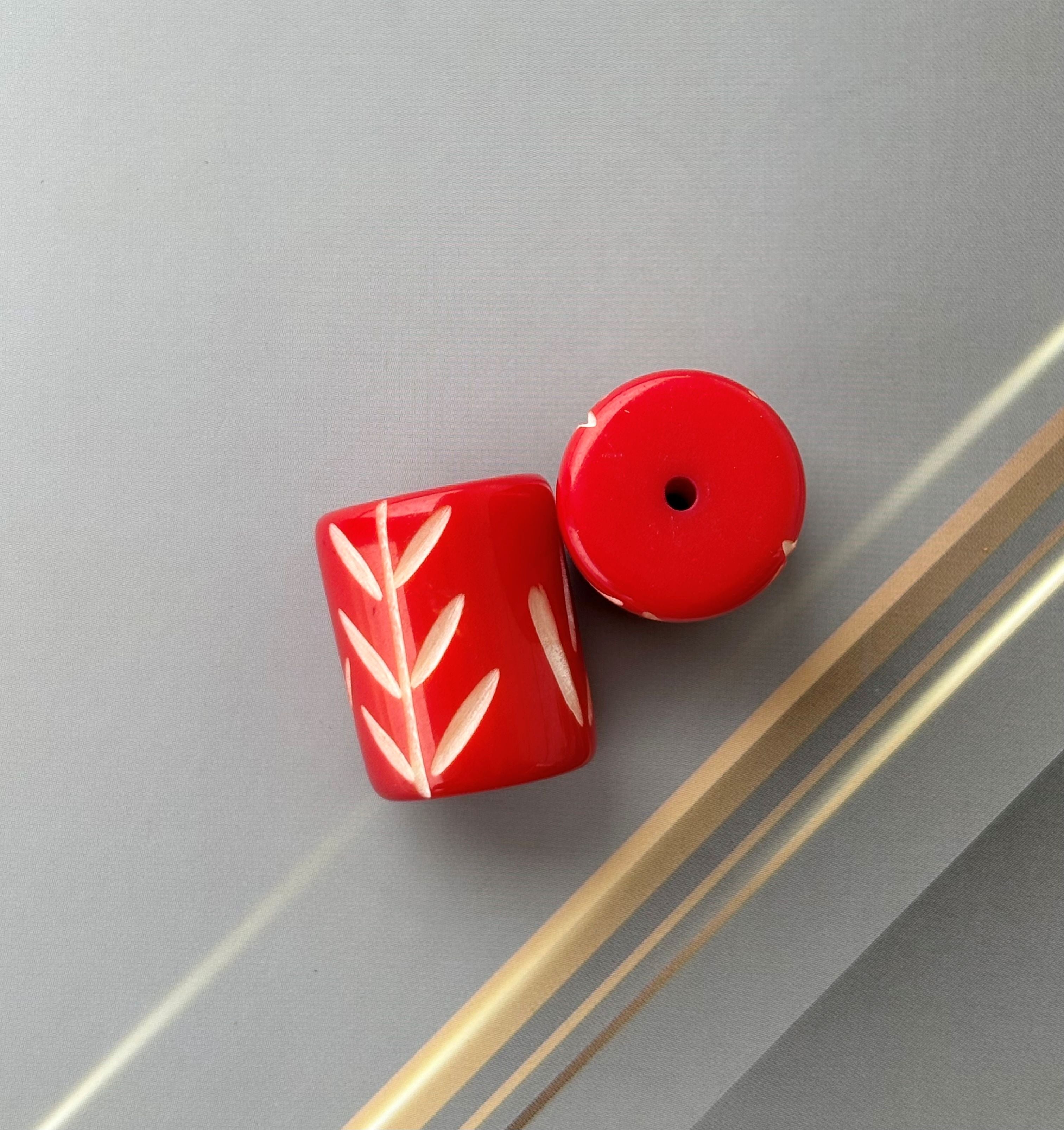 Red Cylindrical Beads with Hand Carved Leaf Pattern for Jewelry Making