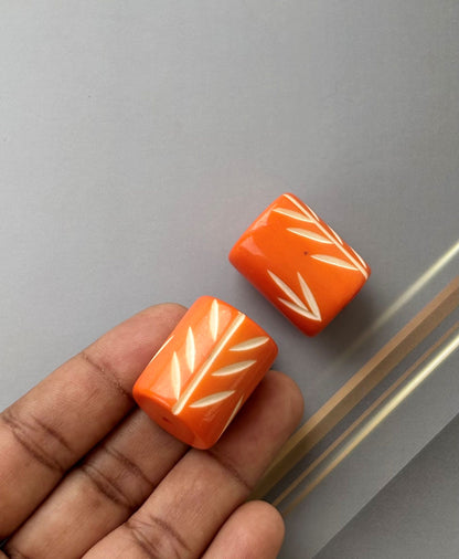 Orange Cylindrical Beads with Hand Carved Leaf Pattern for Jewelry Making