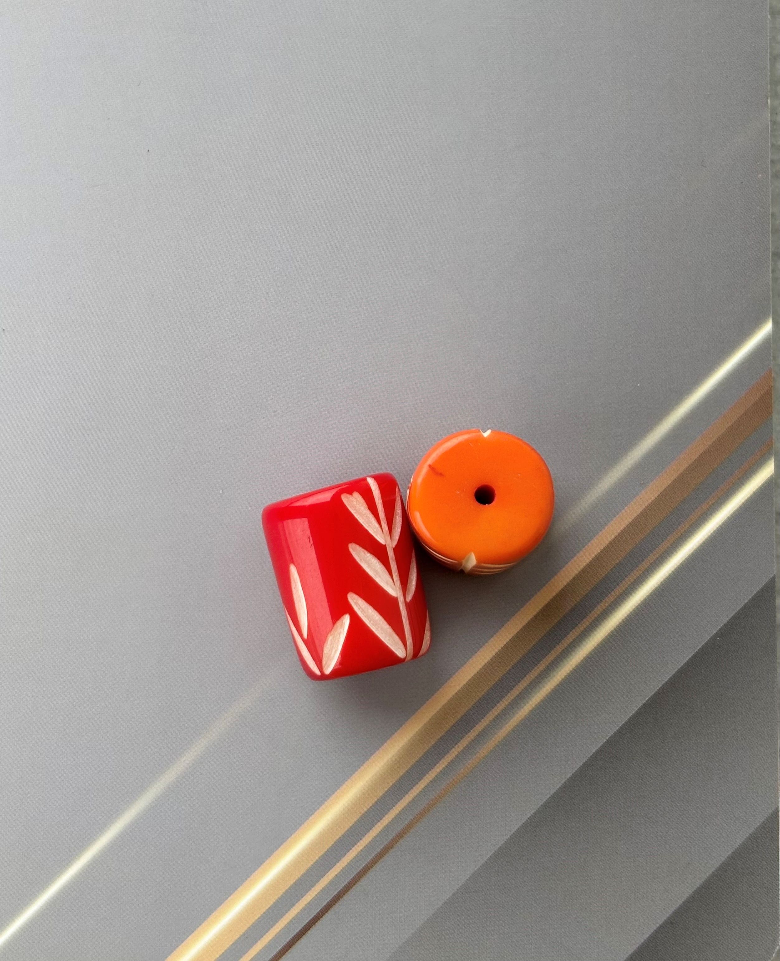 Red and Orange Cylindrical Beads with Hand Carved Leaf Pattern for Jewelry Making