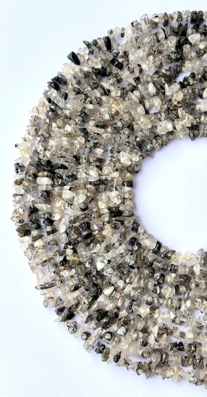 Black Tourmaline in Quartz Chip Beads - Natural Rutilated Quartz Chips
