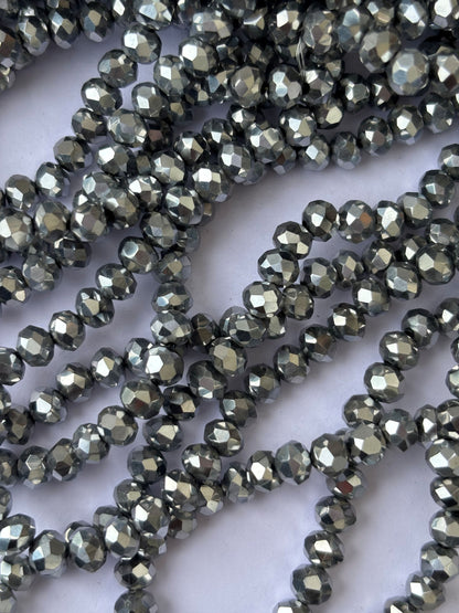 Metallic Silver Faceted Rondelle Glass Beads for Jewelry Making