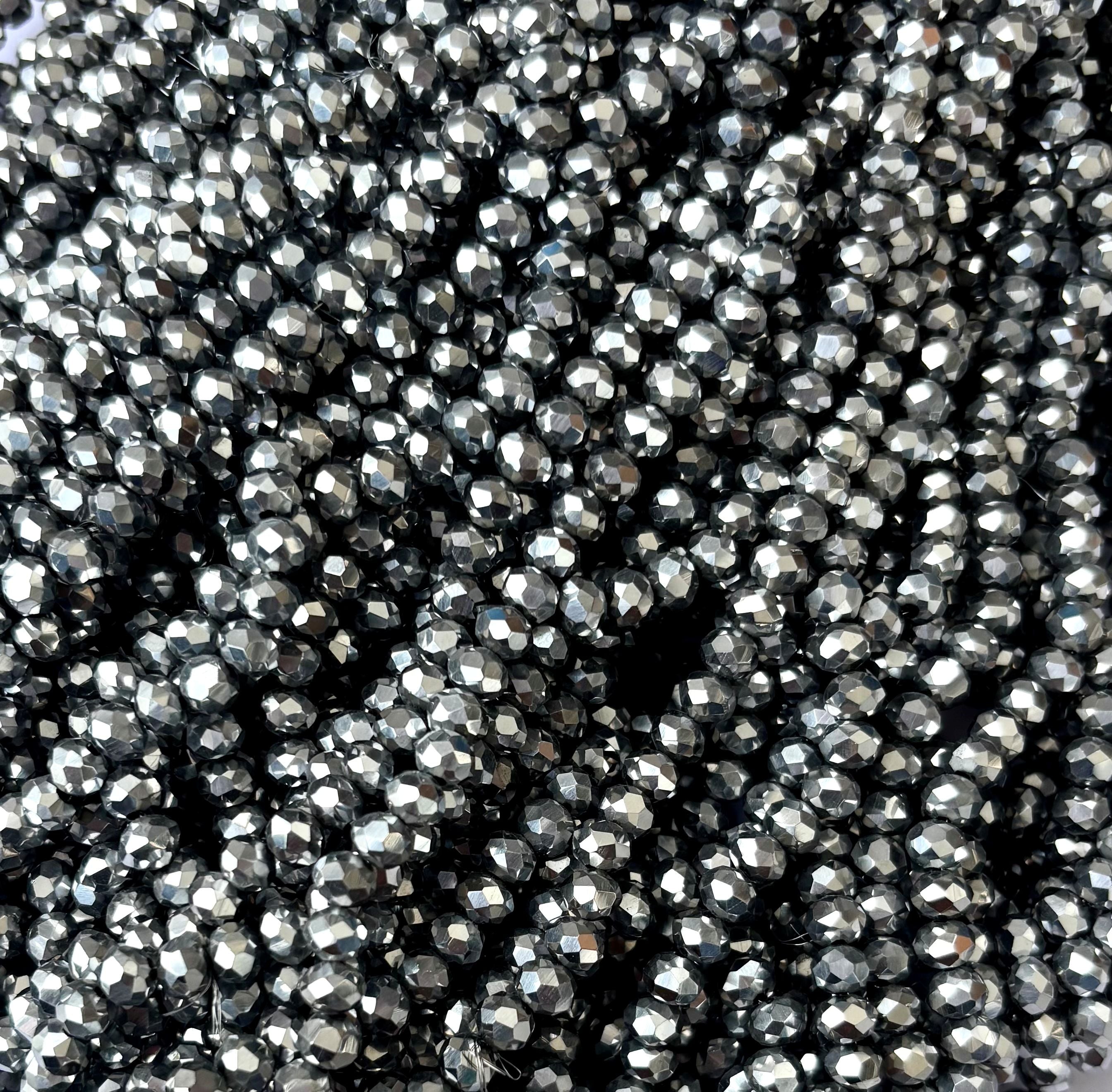 Metallic Silver Faceted Rondelle Glass Beads for Jewelry Making