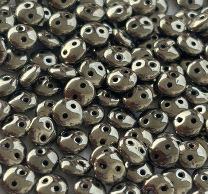 Smooth Opaque Glass Hematite Shade Lentil Beads