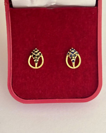 Gold-Plated Oval Stud Earrings with Black Stone Cluster