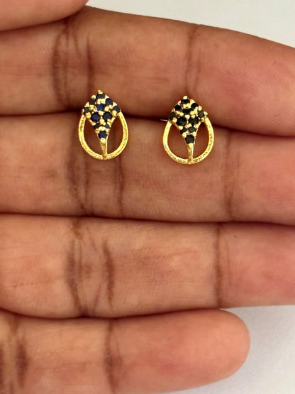 Gold-Plated Oval Stud Earrings with Black Stone Cluster