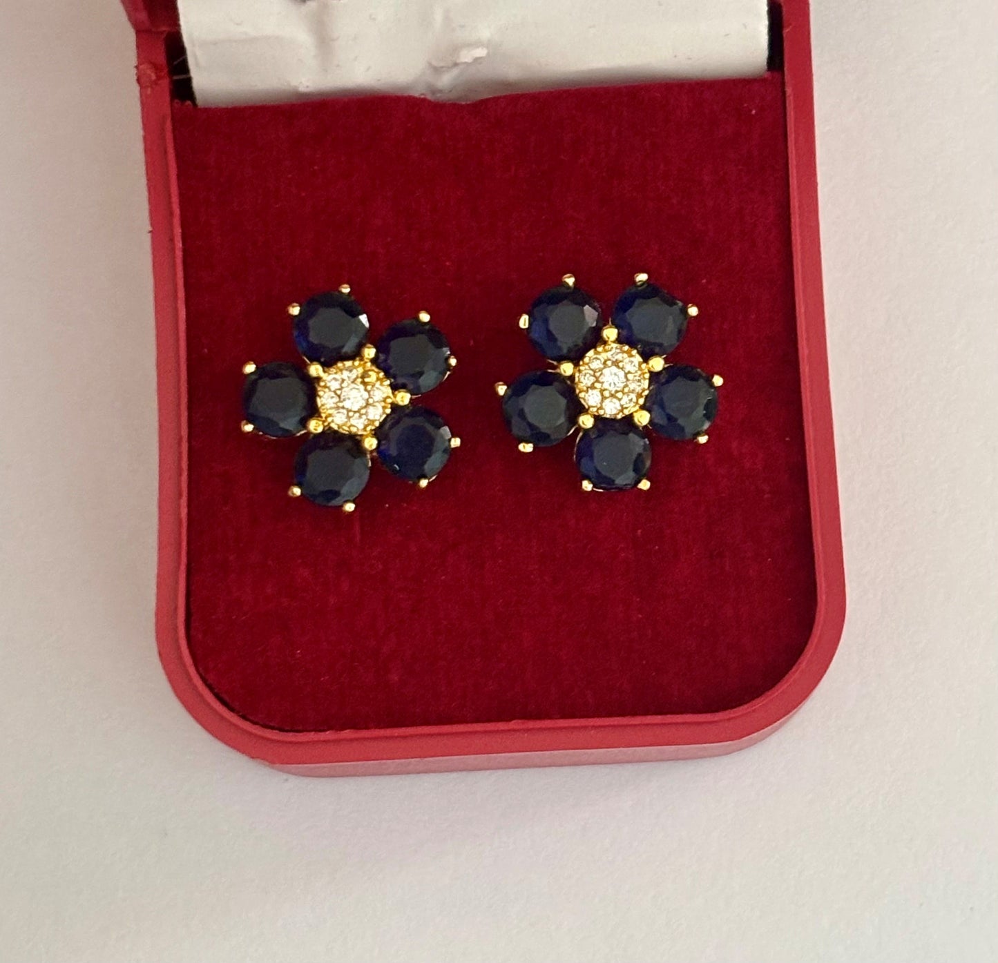 Gold-Plated Blue Sapphire Flower Stud Earrings