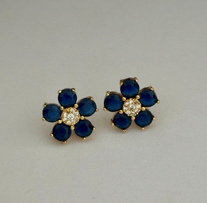 Gold-Plated Blue Sapphire Flower Stud Earrings