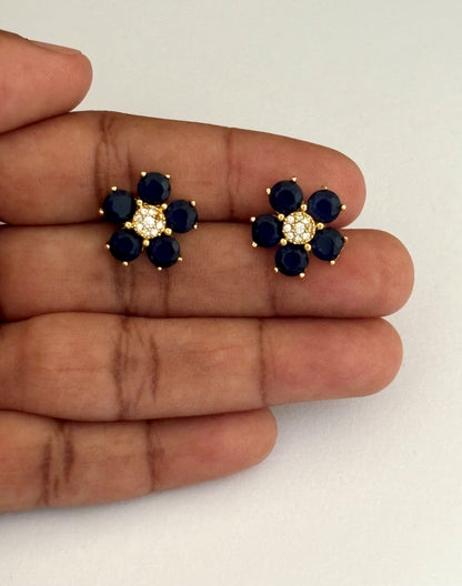 Gold-Plated Blue Sapphire Flower Stud Earrings