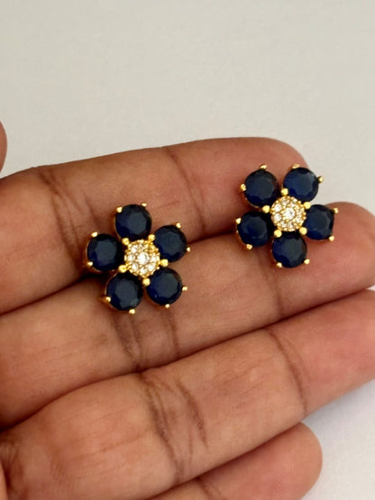 Gold-Plated Blue Sapphire Flower Stud Earrings