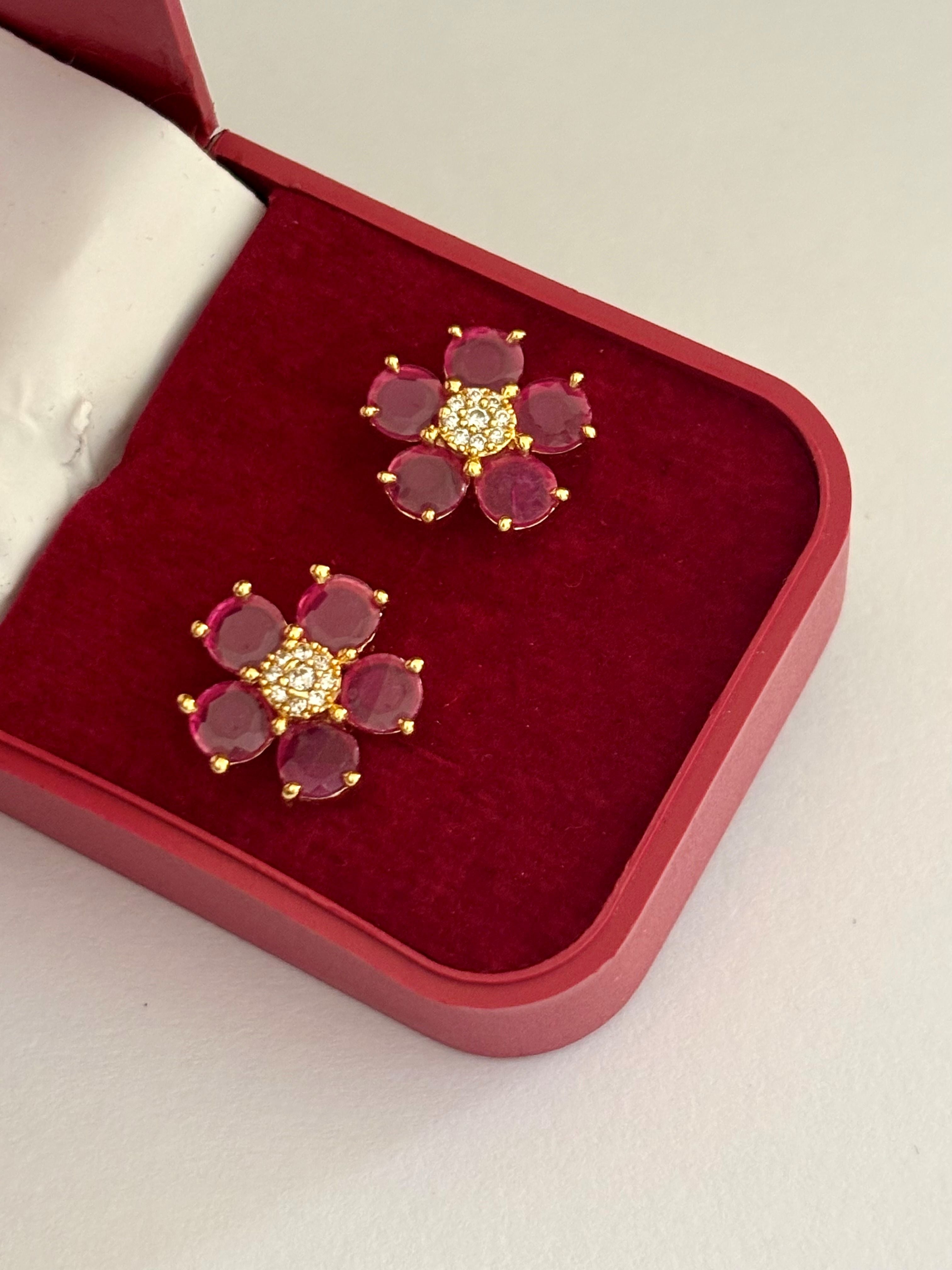 Gold-Plated Ruby Pink Flower Stud Earrings