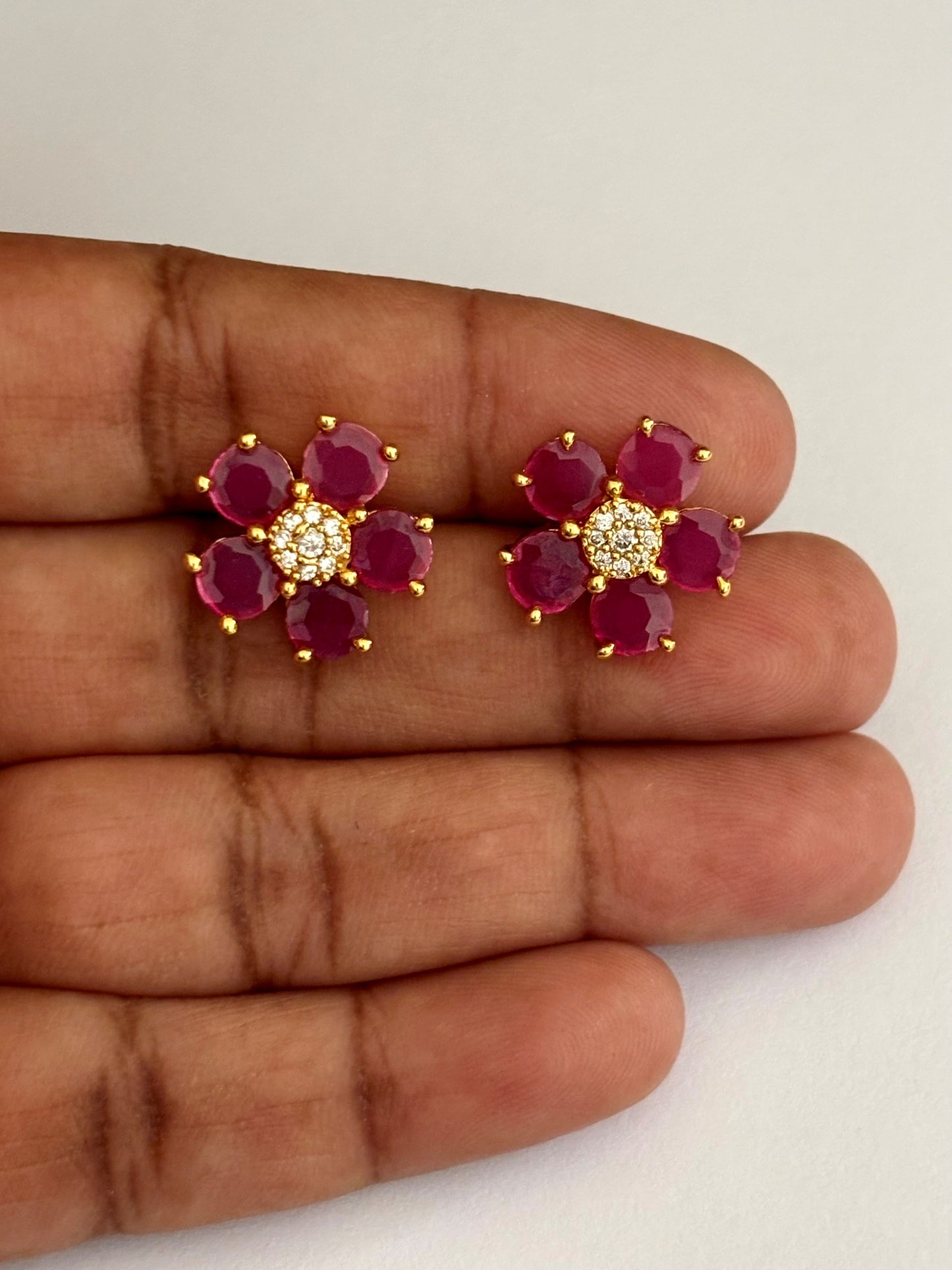 Gold-Plated Ruby Pink Flower Stud Earrings