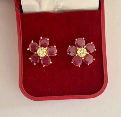 Gold-Plated Ruby Pink Flower Stud Earrings