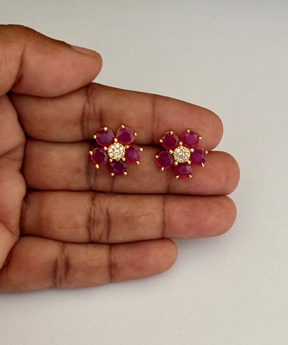 Gold-Plated Ruby Pink Flower Stud Earrings