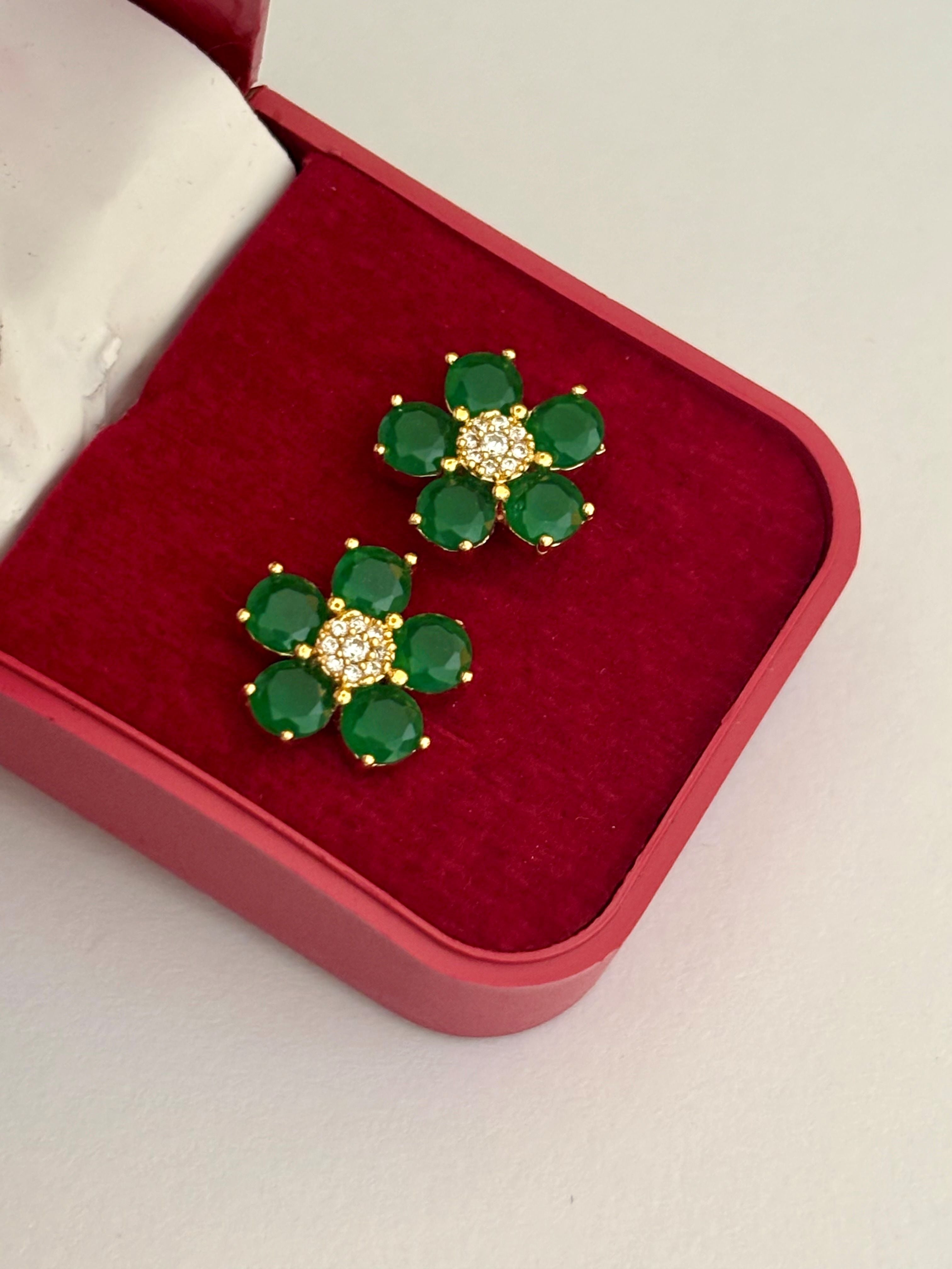 Gold-Plated Emerald Green Flower Stud Earrings