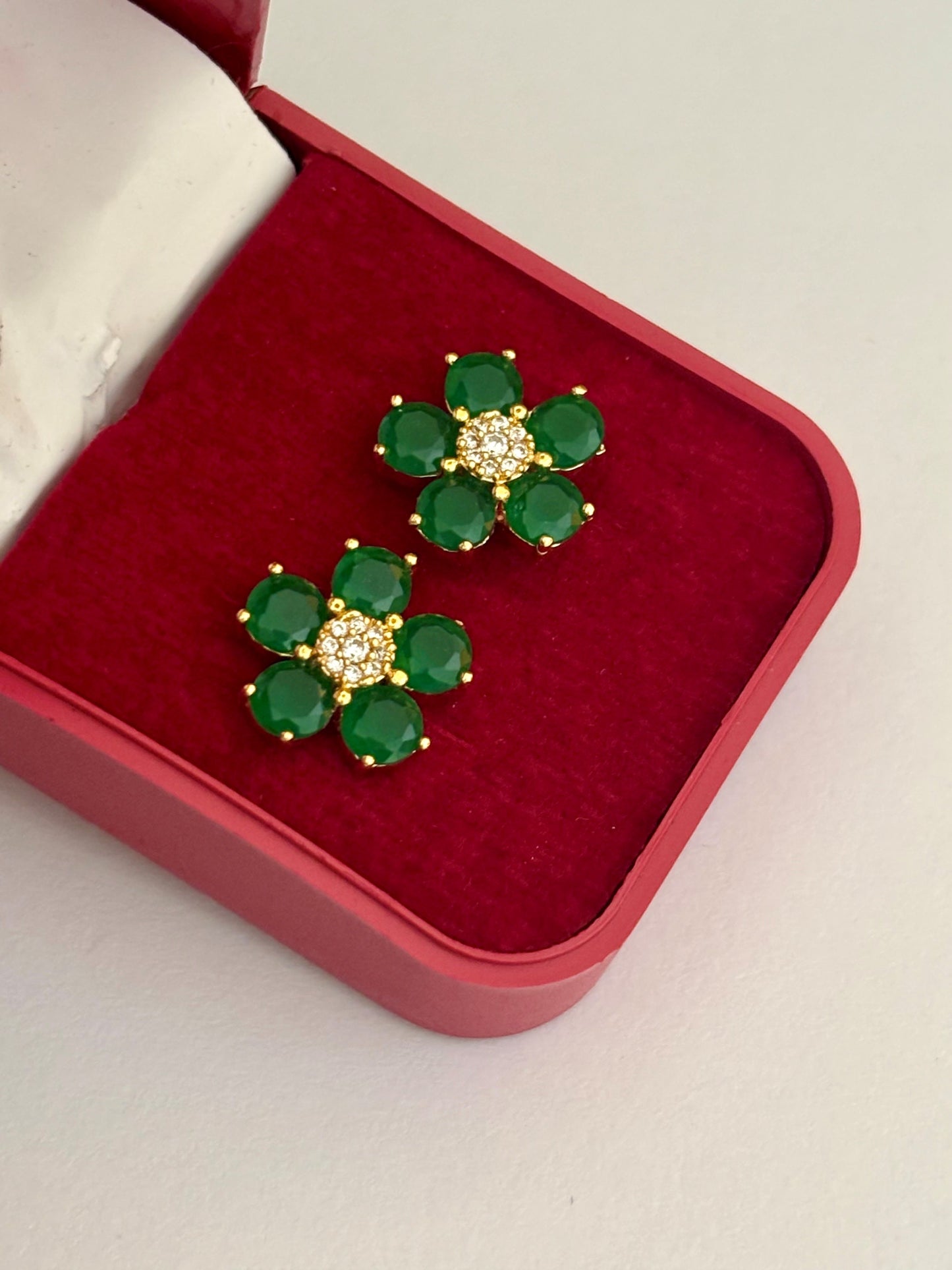 Gold-Plated Emerald Green Flower Stud Earrings