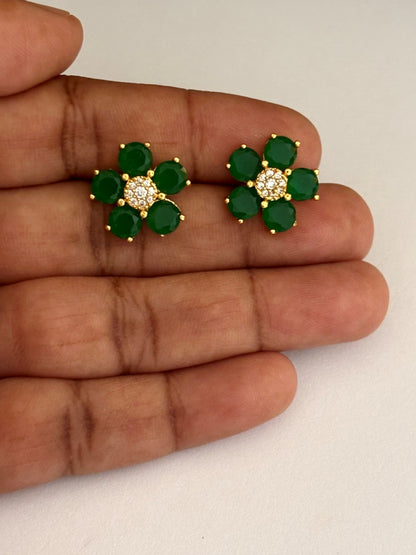 Gold-Plated Emerald Green Flower Stud Earrings