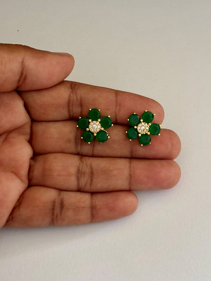 Gold-Plated Emerald Green Flower Stud Earrings