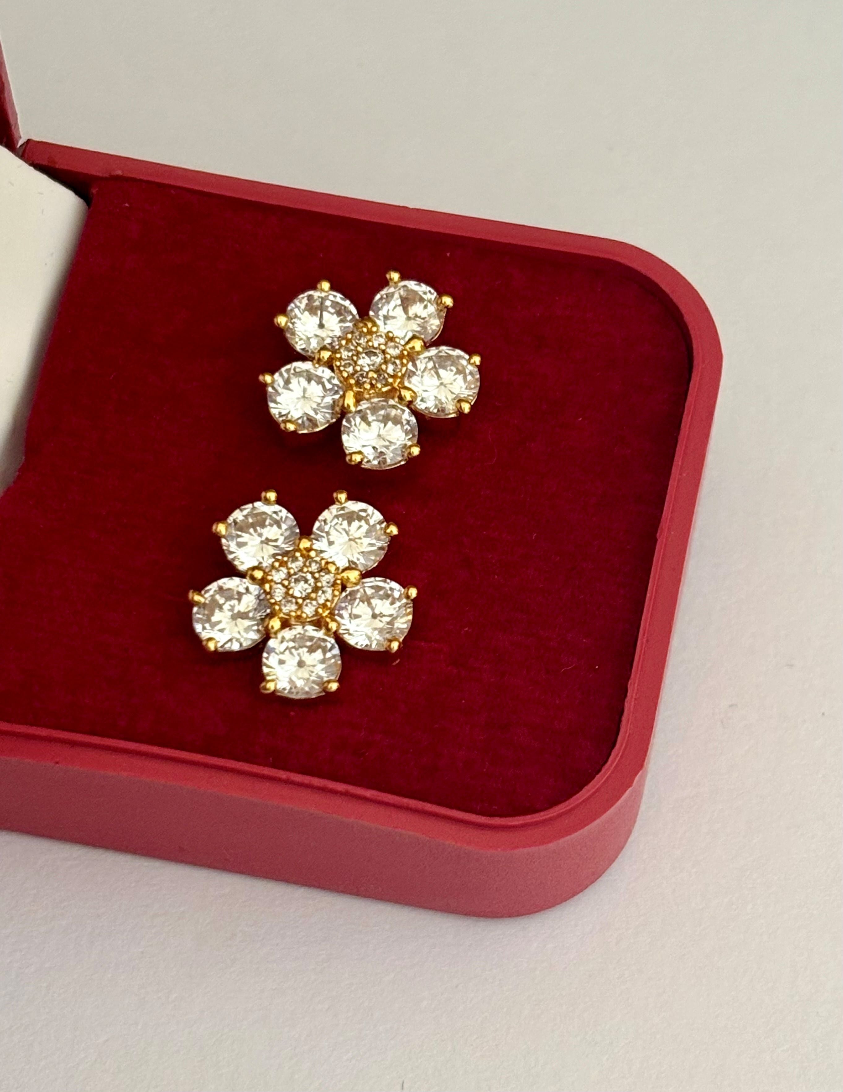 Gold-Plated American Diamond Flower Stud Earrings