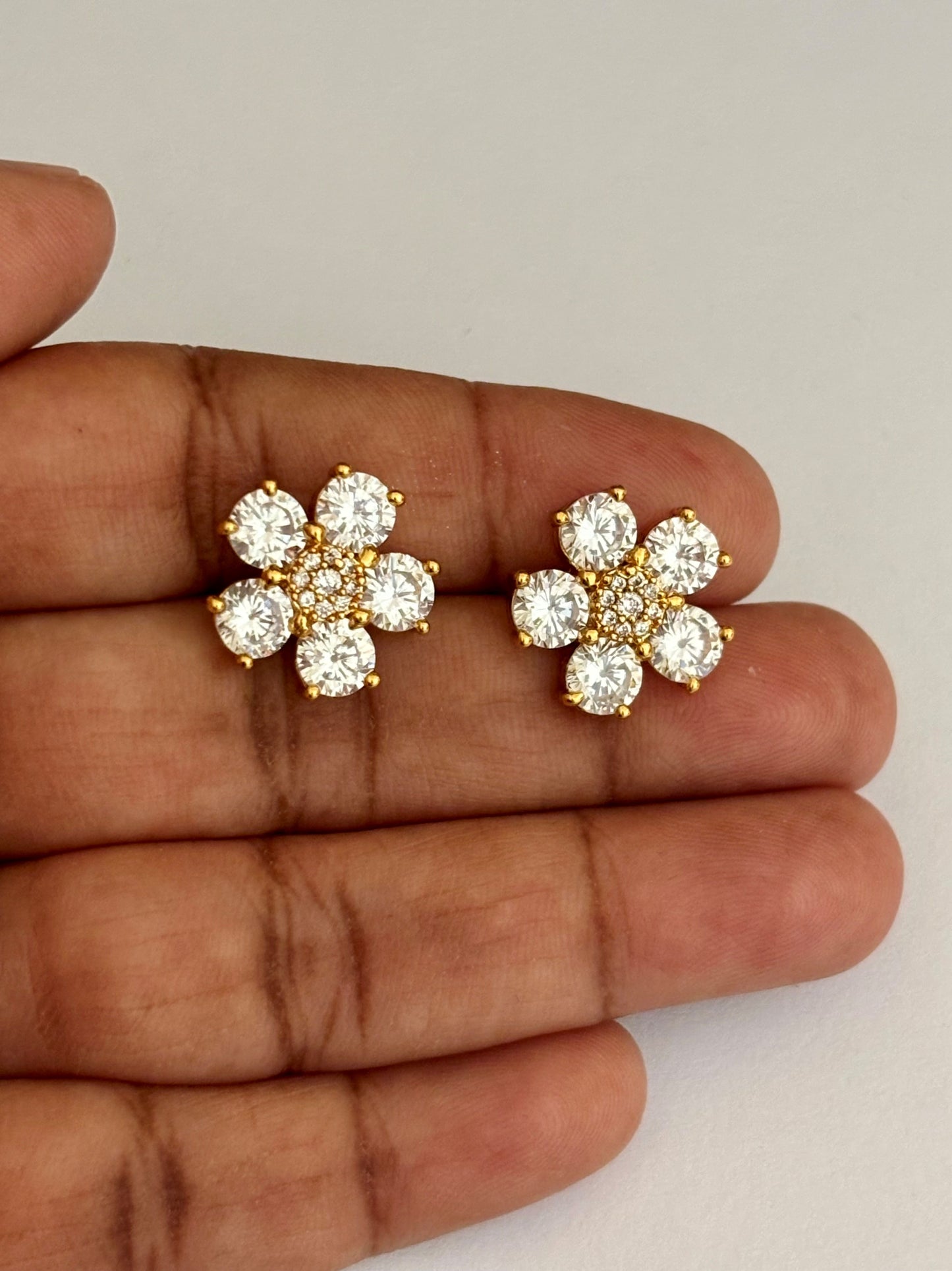 Gold-Plated American Diamond Flower Stud Earrings