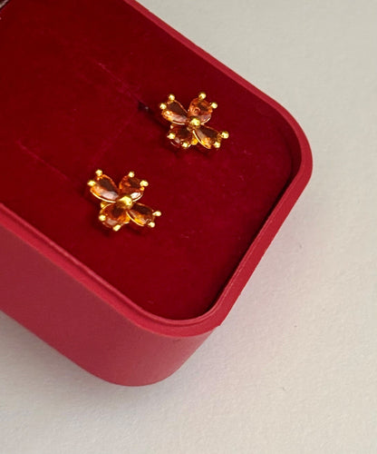 Gold-Plated Flower Stud Earrings with Topaz-Colored Stones