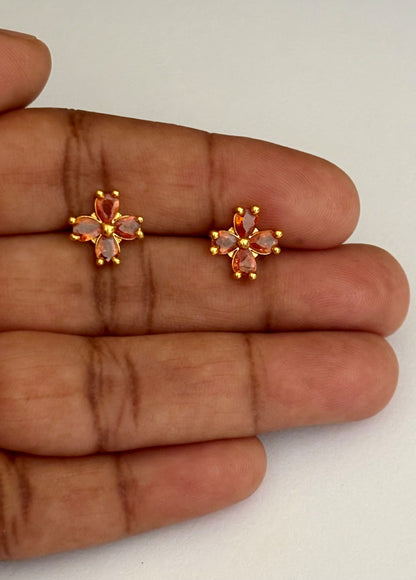 Gold-Plated Flower Stud Earrings with Topaz-Colored Stones