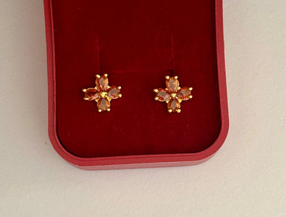 Gold-Plated Flower Stud Earrings with Topaz-Colored Stones