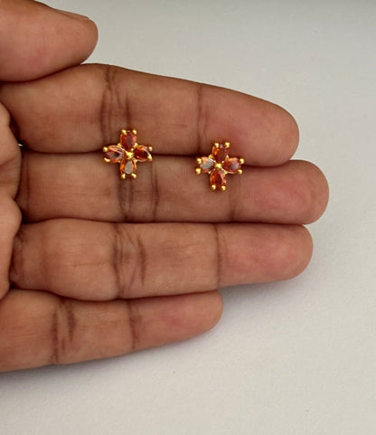 Gold-Plated Flower Stud Earrings with Topaz-Colored Stones