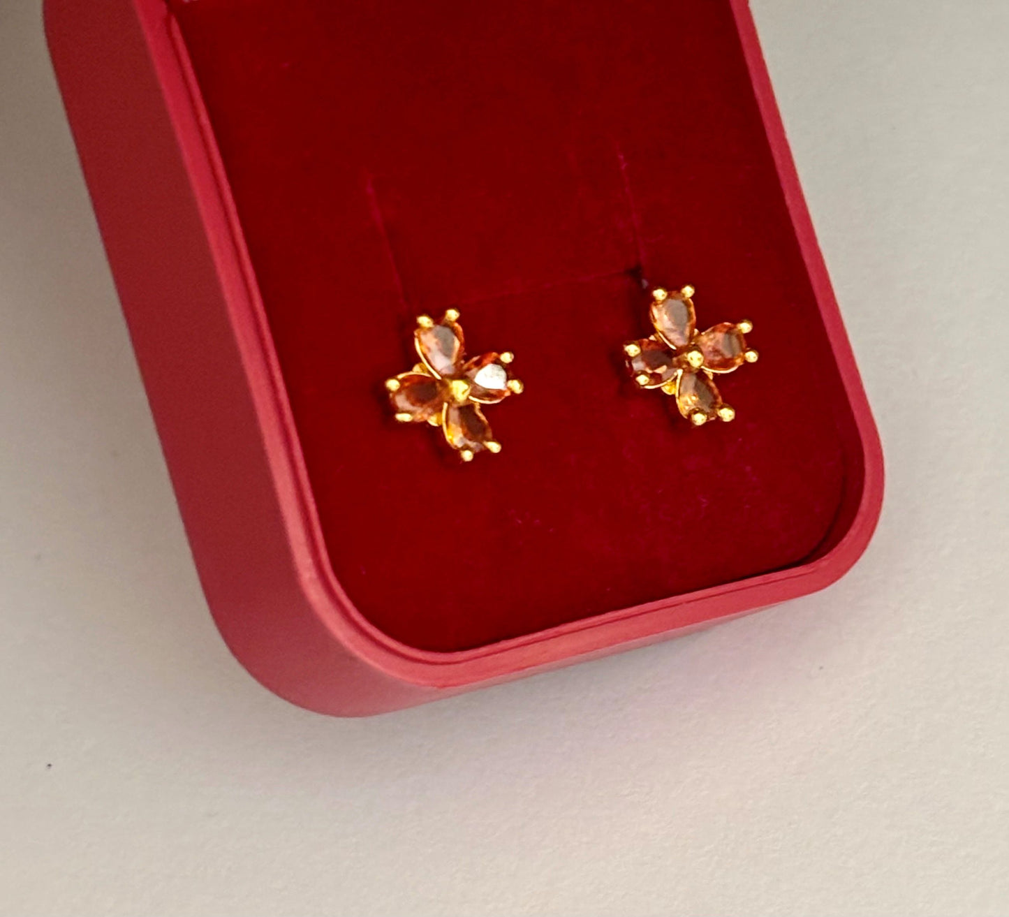 Gold-Plated Flower Stud Earrings with Topaz-Colored Stones