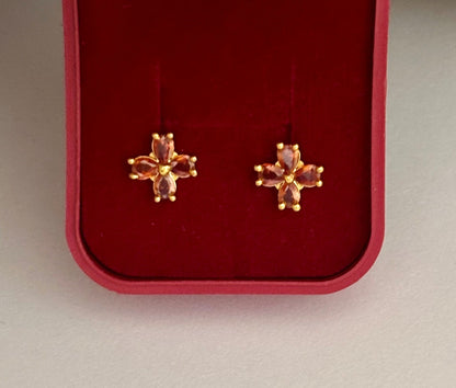 Gold-Plated Flower Stud Earrings with Topaz-Colored Stones