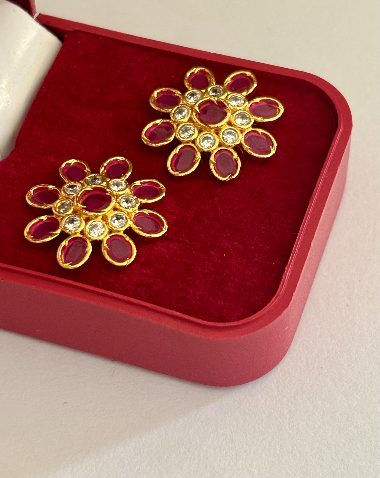 Gold-Plated Floral Stud Earrings with Ruby and AD Stones