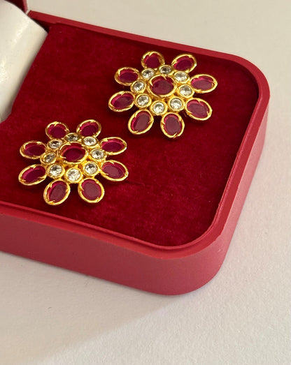 Gold-Plated Floral Stud Earrings with Ruby and AD Stones