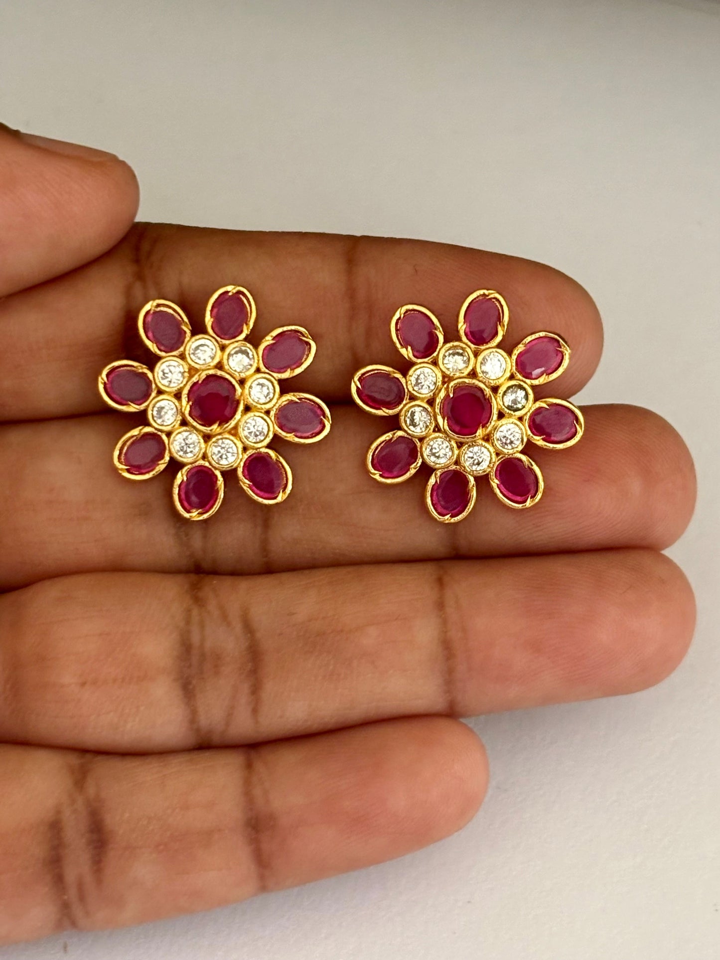 Gold-Plated Floral Stud Earrings with Ruby and AD Stones
