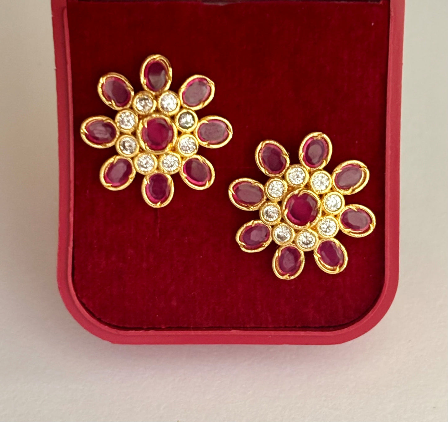 Gold-Plated Floral Stud Earrings with Ruby and AD Stones