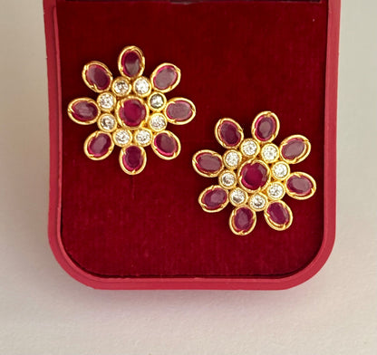 Gold-Plated Floral Stud Earrings with Ruby and AD Stones
