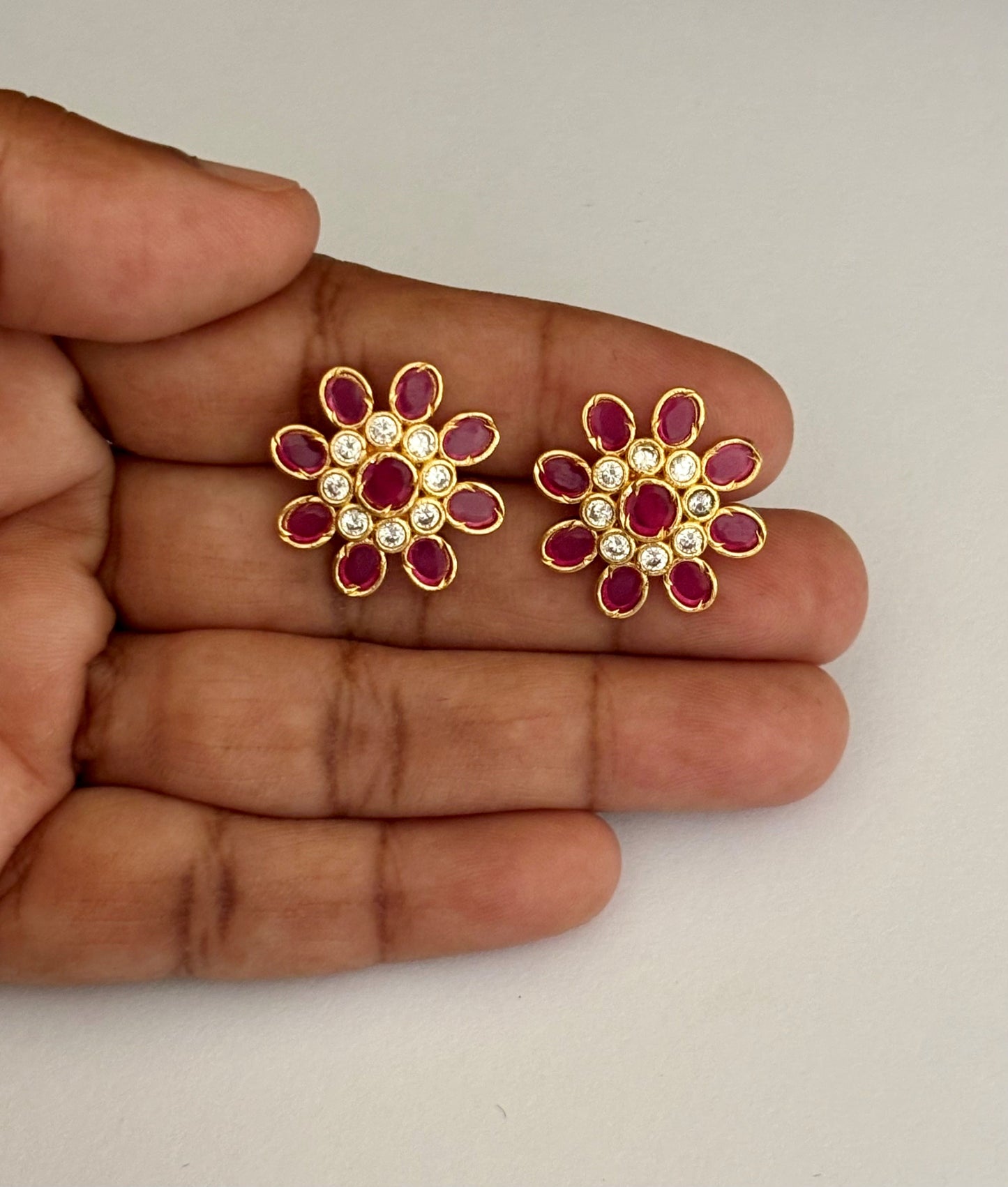 Gold-Plated Floral Stud Earrings with Ruby and AD Stones