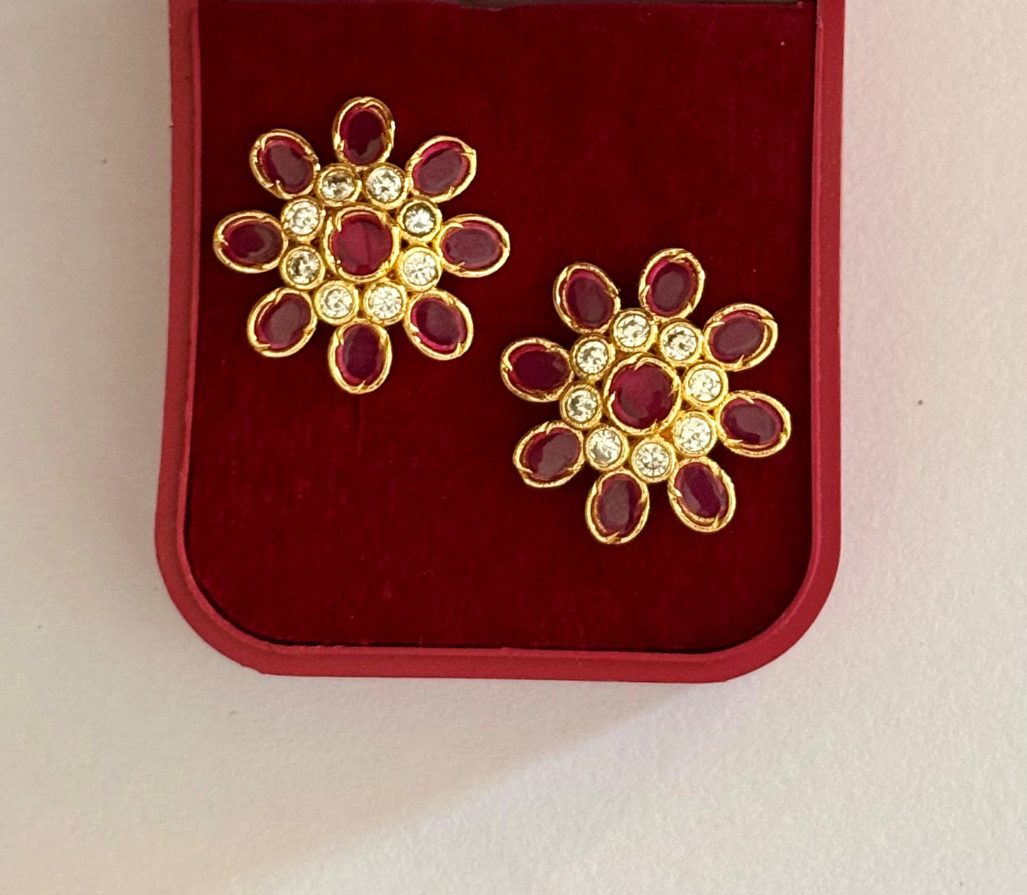 Gold-Plated Floral Stud Earrings with Ruby and AD Stones