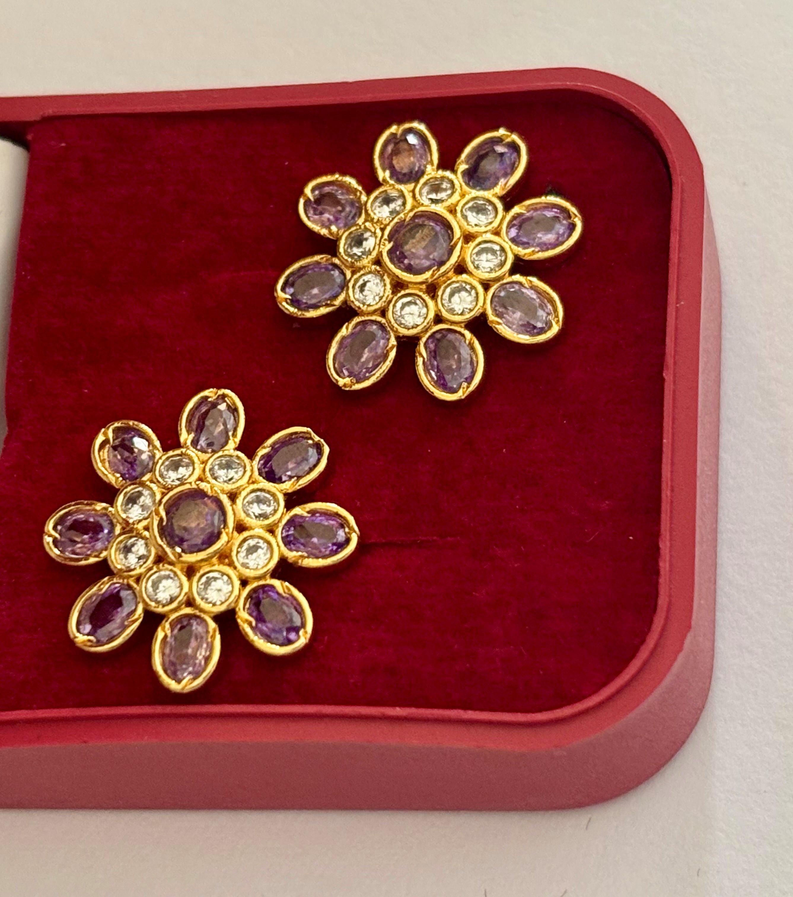 Gold-Plated Floral Stud Earrings with Amethyst and AD Stones